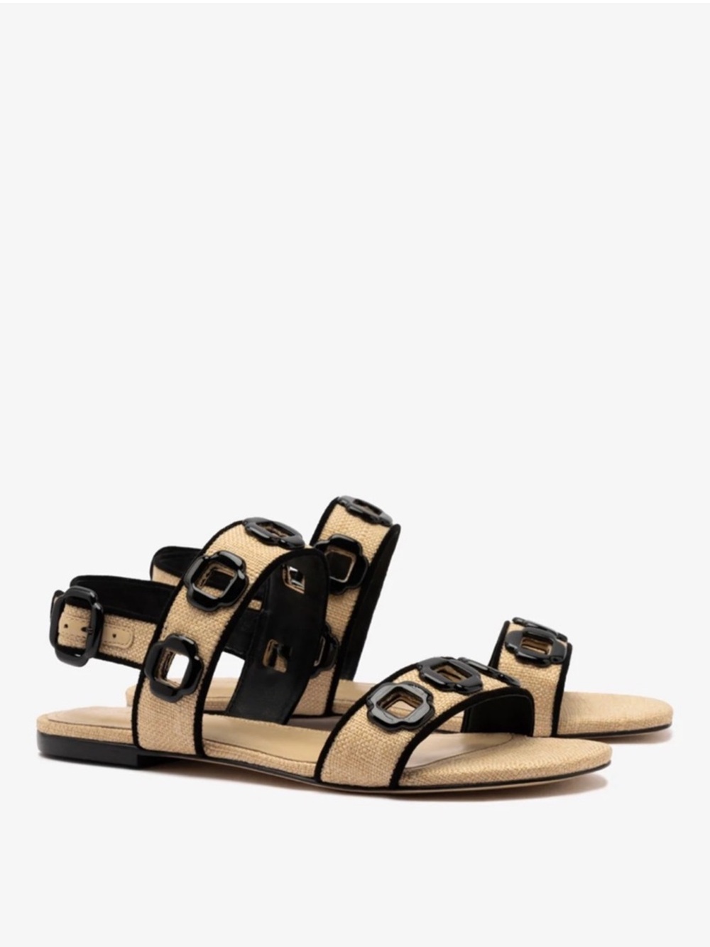 Larroude Milan Raffia Flat Sandals Beige Black 7 NWT